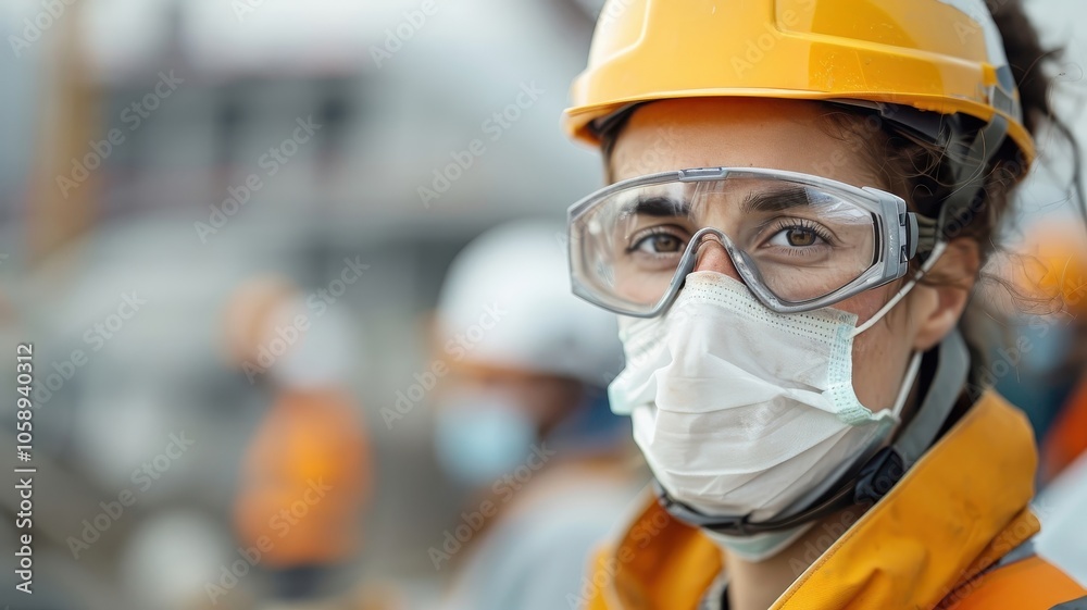 Professional with dust mask and helmet, overseeing construction. Professional with dust mask and helmet, overseeing construction.