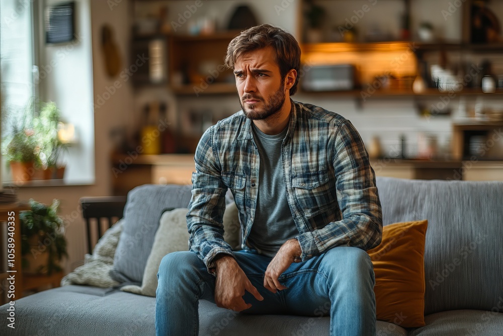 Men sitting on the sofa and suffering pain at his lower back, Generative AI Men sitting on the sofa and suffering pain at his lower back, Generative AI