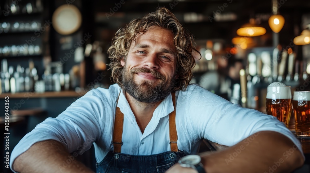 A bearded man wearing an apron comfortably relaxes in a rustic bar setting, radiating contentment and warmth amidst a backdrop of warm lights and wooden decor. A bearded man wearing an apron comfortably relaxes in a rustic bar setting, radiating contentment and warmth amidst a backdrop of warm lights and wooden decor.