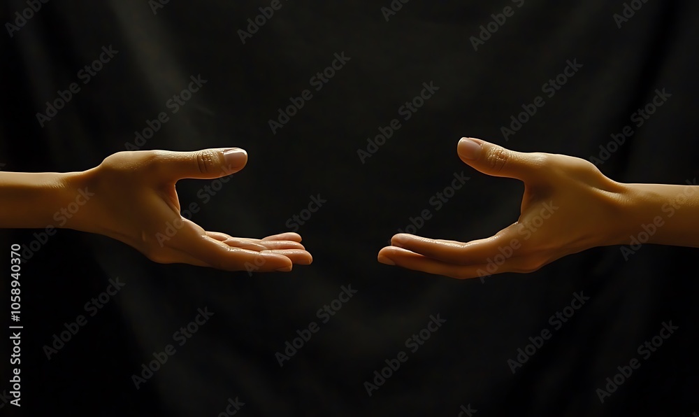 Two hands reaching out towards each other against a dark background, symbolizing connection. Two hands reaching out towards each other against a dark background, symbolizing connection.