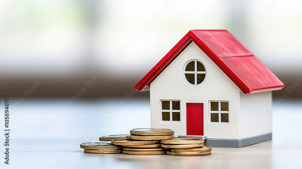 model house with red roof beside stacks of coins, symbolizing property investment and financial growth model house with red roof beside stacks of coins, symbolizing property investment and financial growth