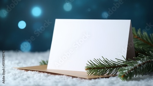 christmas greeting card with blank card stays on craft paper envelope on snow against blue bokeh background. Mock up.