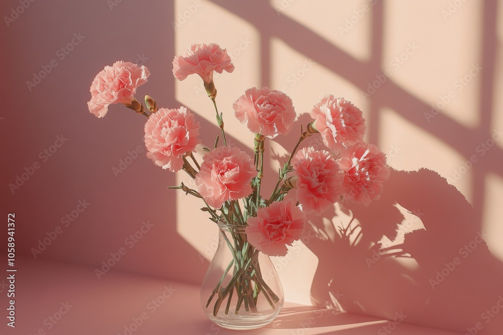Fototapeta premium A bouquet of pink carnations in a glass vase on a soft pink background with shadow play