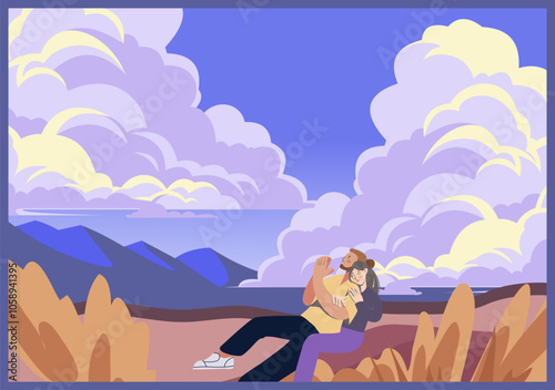 Dream clouds. Scenic landscape. Couple looking at nature scenery. Sunset cloudscape. Summer hill meadows. Man and woman hugging. Watching to horizon. Park picnic. Outdoor walk. Vector illustration