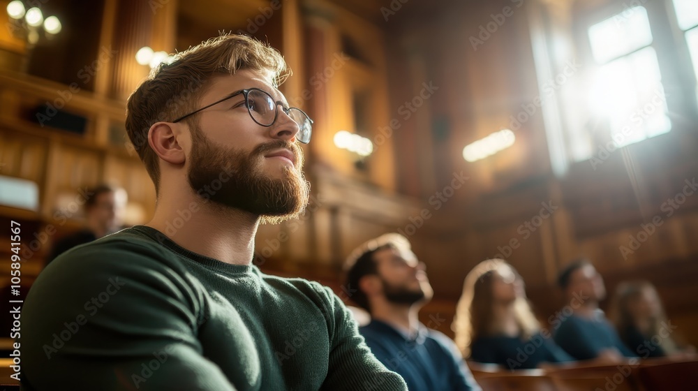 A bearded man wearing glasses is seated in a lecture hall with an attentive gaze. The sunlit, wood-paneled room adds warmth to the academic setting. A bearded man wearing glasses is seated in a lecture hall with an attentive gaze. The sunlit, wood-paneled room adds warmth to the academic setting.