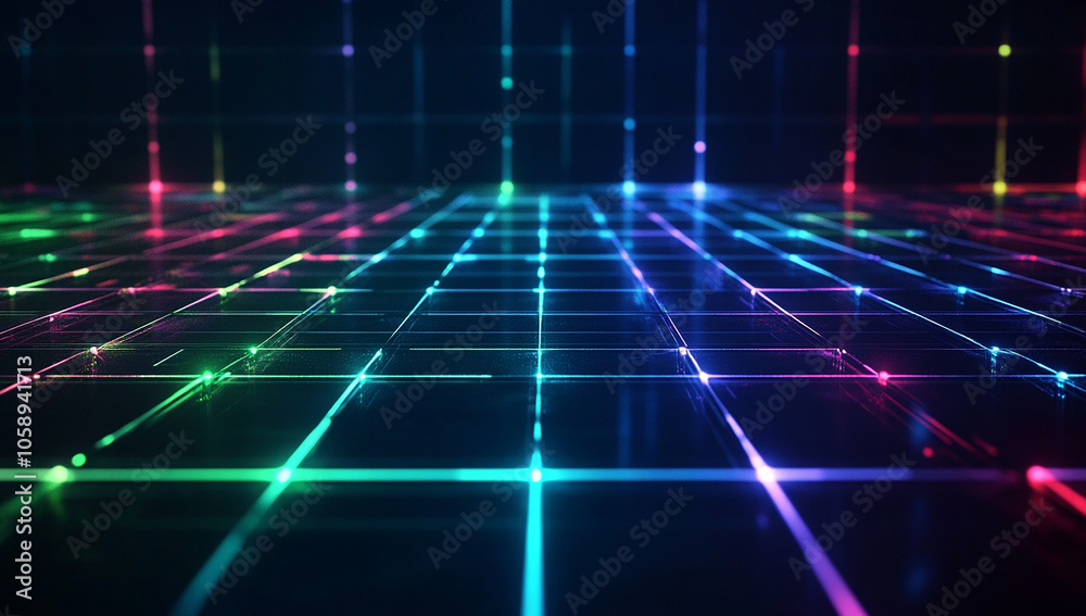 A dark background with a grid of glowing lines in blue, green, and red colors