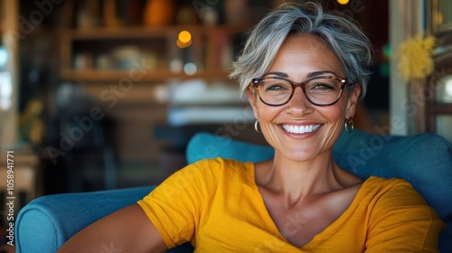 A cheerful woman with short hair and vibrant yellow glasses beams pleasantly, dressed in a yellow shirt, seated comfortably inside a modern cafe setting.