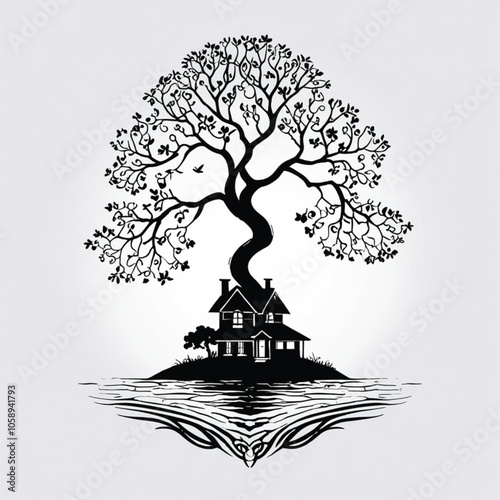 Silhouette Tree house black color .black and white drawing of a house with mountains in the background vector art