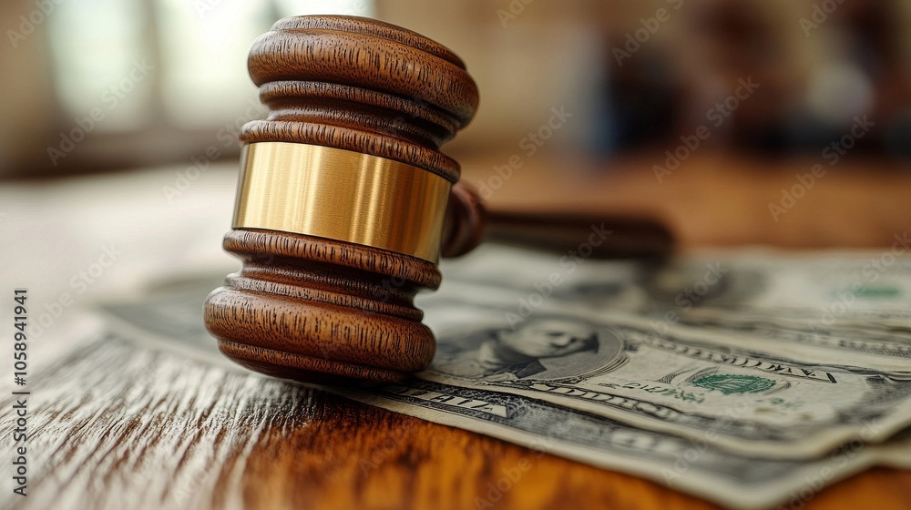 A gavel rests on a wooden surface beside folded banknotes, symbolizing justice, law, and finance. A gavel rests on a wooden surface beside folded banknotes, symbolizing justice, law, and finance.