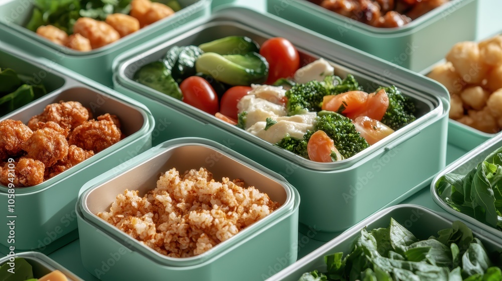 A collection of vibrant and nutritious meal options presented in eco-friendly green containers for fresh and healthy eating, featuring a mix of vegetables and proteins. A collection of vibrant and nutritious meal options presented in eco-friendly green containers for fresh and healthy eating, featuring a mix of vegetables and proteins.