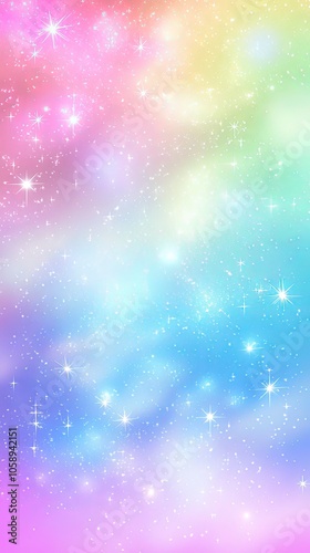 Rainbow unicorn fantasy background with stars and sparkles. Holographic illustration in pastel colors. Bright multicolored sky