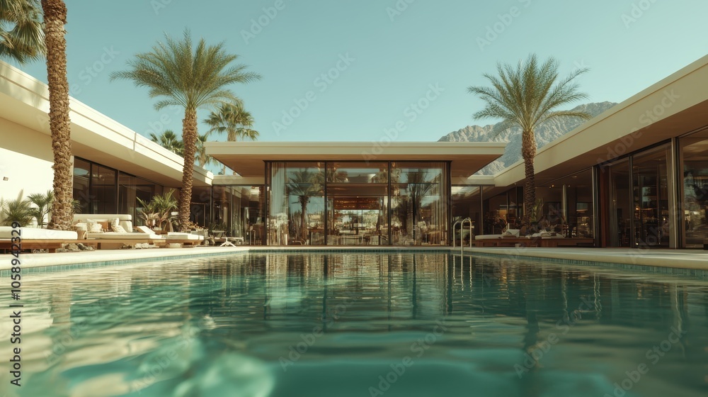 A luxurious modern villa is showcased with a central swimming pool, surrounded by palm trees and mountains in the background, epitomizing elegance and tranquility. A luxurious modern villa is showcased with a central swimming pool, surrounded by palm trees and mountains in the background, epitomizing elegance and tranquility.
