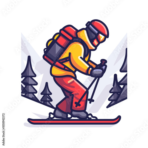 Man in a yellow jacket is skiing down a snowy slope with a backpack on his back. He is wearing a red jacket and red pants