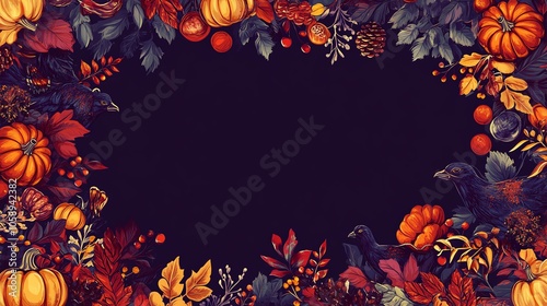 Autumn-themed frame with pumpkins and colorful leaves on a dark background. photo