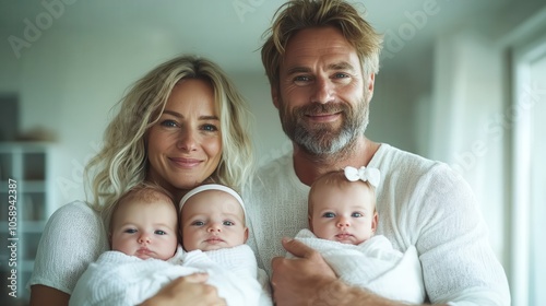 A happy family with three babies poses in a brightly lit living room, symbolizing joy and togetherness, filled with love and warmth in a cozy setting.