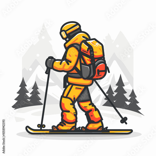 Man in an orange jacket is skiing down a snowy mountain. He is wearing a backpack and has ski poles in his hands. The scene is peaceful and serene