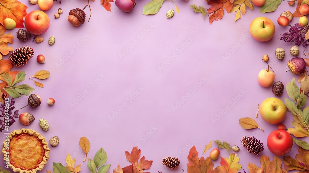 Colorful autumn harvest arrangement with fruits, leaves, and pie on purple background. Colorful autumn harvest arrangement with fruits, leaves, and pie on purple background.