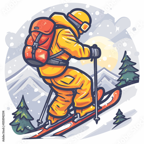Man in a yellow jacket is skiing down a snowy mountain with a backpack on his back. The scene is set in a wintery landscape with trees in the background. The man is wearing skis
