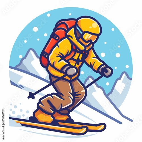 Cartoon skier is wearing a yellow jacket and a red backpack. He is skiing down a snowy mountain