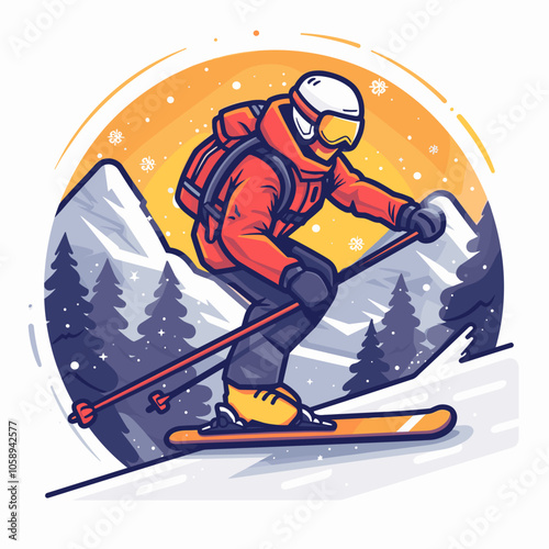Man in a red jacket is skiing down a mountain. He is wearing a backpack and goggles