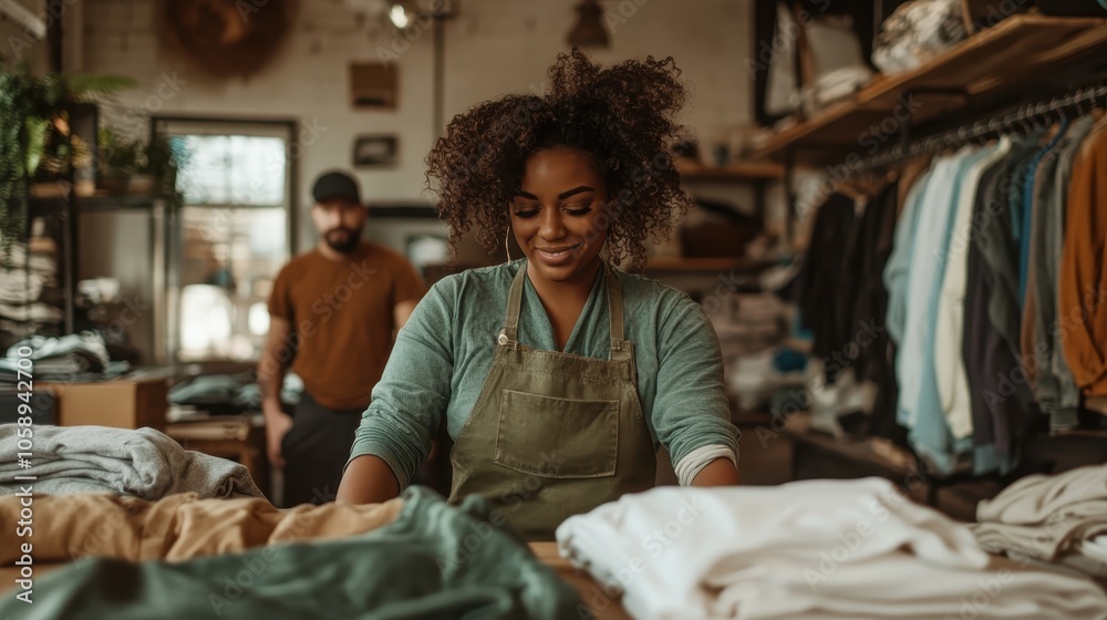 custom made wallpaper toronto digitalA focused woman in a green apron carefully folds clothes inside a stylish retail store with another person visible in the background, capturing a working moment.