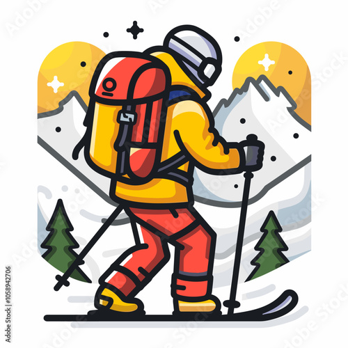 Man in a yellow jacket is skiing down a snowy mountain with a backpack on his back. Concept of adventure and excitement, as the skier is ready to explore the mountain and enjoy the thrill of skiing