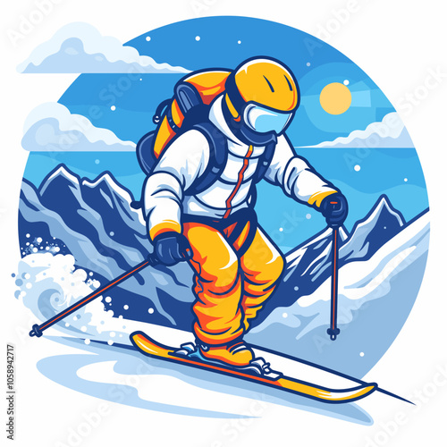 Man in a yellow suit is skiing down a snowy mountain. He is wearing a helmet and goggles, and has a backpack on his back. The scene is set in a wintery landscape with mountains in the background