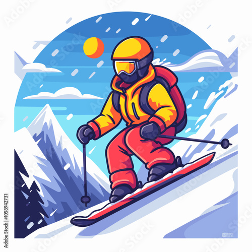 Man in a yellow jacket is skiing down a snowy mountain. The scene is bright and cheerful, with the sun shining down on the skier and the snow-covered mountain in the background