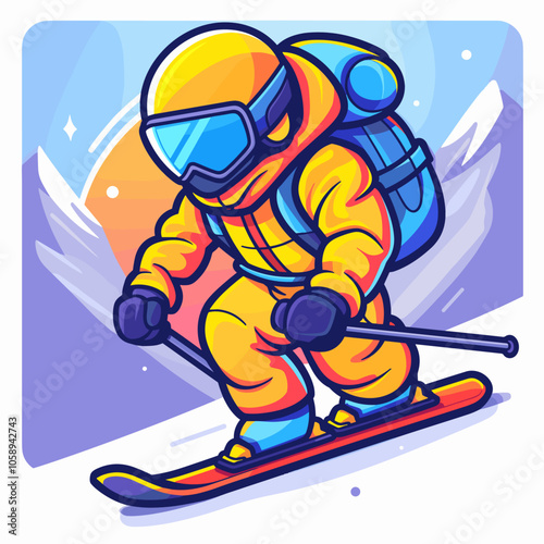 Cartoon skier wearing a yellow suit and goggles is skiing down a snowy slope. The skier is wearing a backpack and has a backpack on his back