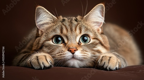 This image captures a playful cat with wide, curious eyes and soft, striped fur, laying down with its paws stretched forward, creating an adorable and endearing scene. photo