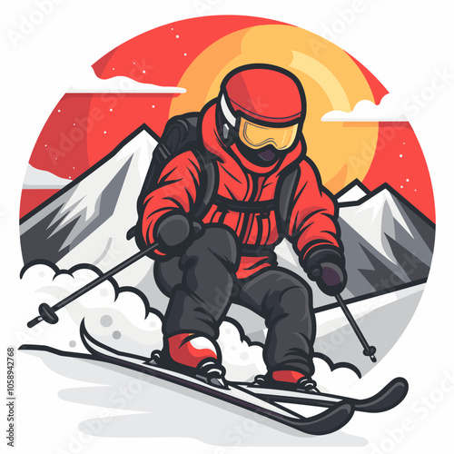 Cartoon skier is skiing down a mountain with a red jacket and goggles. The skier is wearing a backpack and has a red helmet. The scene is set in a snowy mountain environment with a red