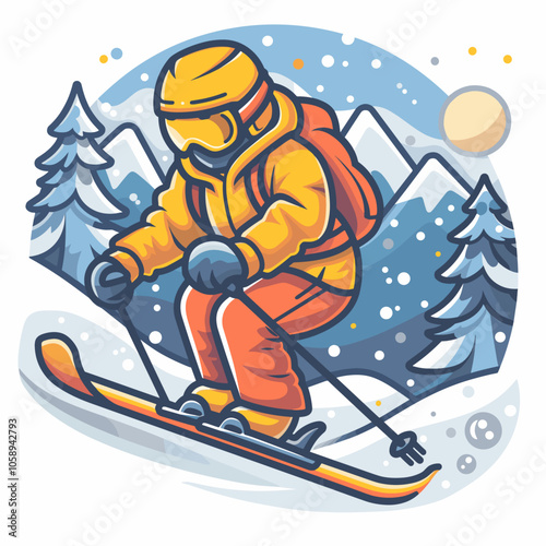 Cartoon skier is wearing a yellow jacket and orange pants. He is skiing down a snowy mountain