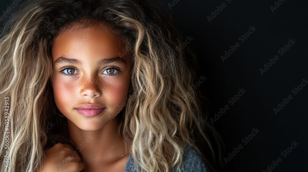 Portrait of a young girl showcasing her remarkable curly hair and striking green eyes, embodying innocence and natural beauty against a minimalistic background.