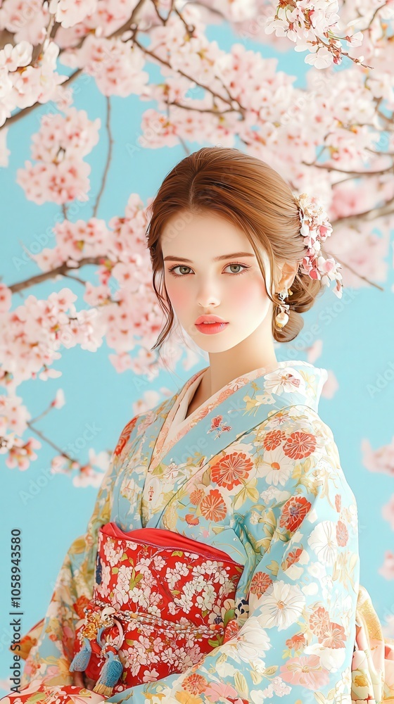 Beautiful Woman in Traditional Japanese Kimono with Cherry Blossoms Beautiful Woman in Traditional Japanese Kimono with Cherry Blossoms