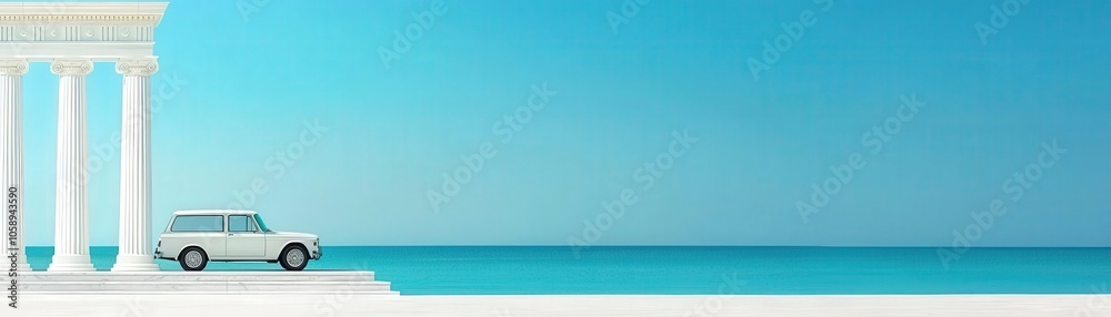 Classic Car by Ocean with Ancient Columns Summer Vacation Travel Minimalist Classic Car by Ocean with Ancient Columns Summer Vacation Travel Minimalist