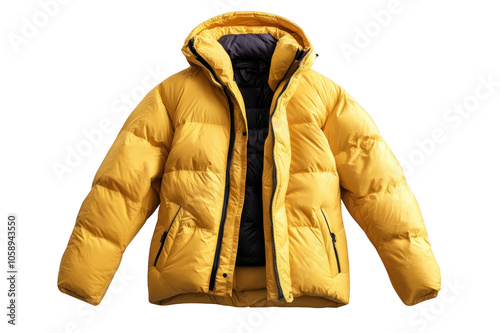 Yellow winter down jacket isolated on transparent background