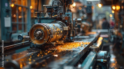 A turner bores a hole in a bronze part on a lathe with a power tool.