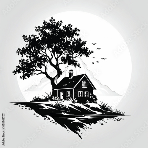 Silhouette Tree house black color .black and white drawing of a house with mountains in the background vector art