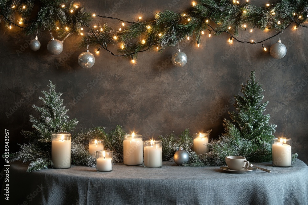 Cozy holiday decorations with candles and ornaments on a festive table setting Cozy holiday decorations with candles and ornaments on a festive table setting