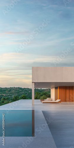 Modern villa with infinity pool overlooking lush hills during sunset