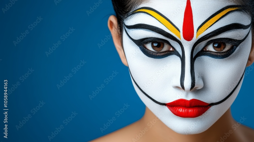 Woman with Artistic Face Paint Blue Background Closeup Portrait Woman with Artistic Face Paint Blue Background Closeup Portrait