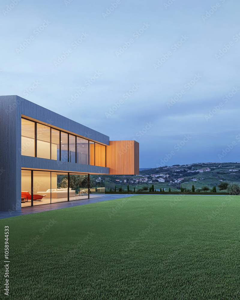 Modern house overlooking a scenic landscape at dusk in a tranquil rural setting Modern house overlooking a scenic landscape at dusk in a tranquil rural setting