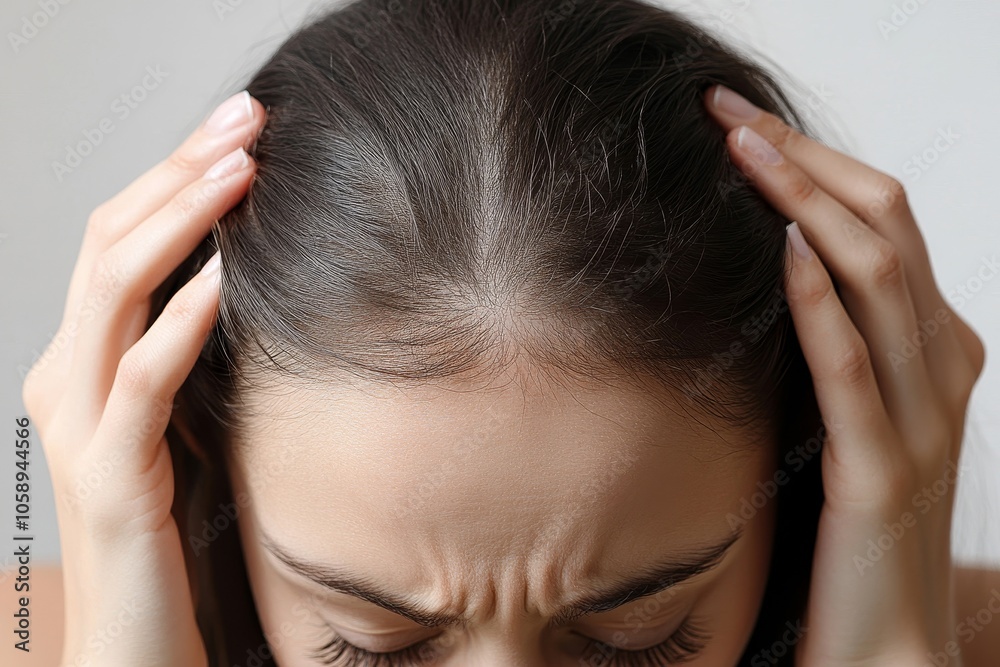 Young woman worrying about her thin hair and hair fall, Generative AI Young woman worrying about her thin hair and hair fall, Generative AI