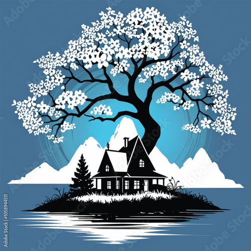 Silhouette Tree house black color .black and white drawing of a house with mountains in the background vector art