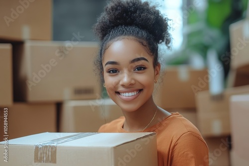 Happy woman checking stuff in cardboard box before sent to transportation company and moving to new location apartment, Generative AI photo