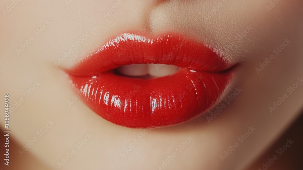 Beautiful red lips close-up, glossy finish Beautiful red lips close-up, glossy finish