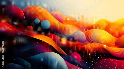 Abstract colorful waves with gradients and dots, creating a dynamic visual effect.
