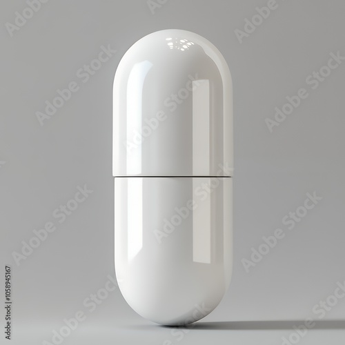 A single white pill capsule isolated on a gray background.