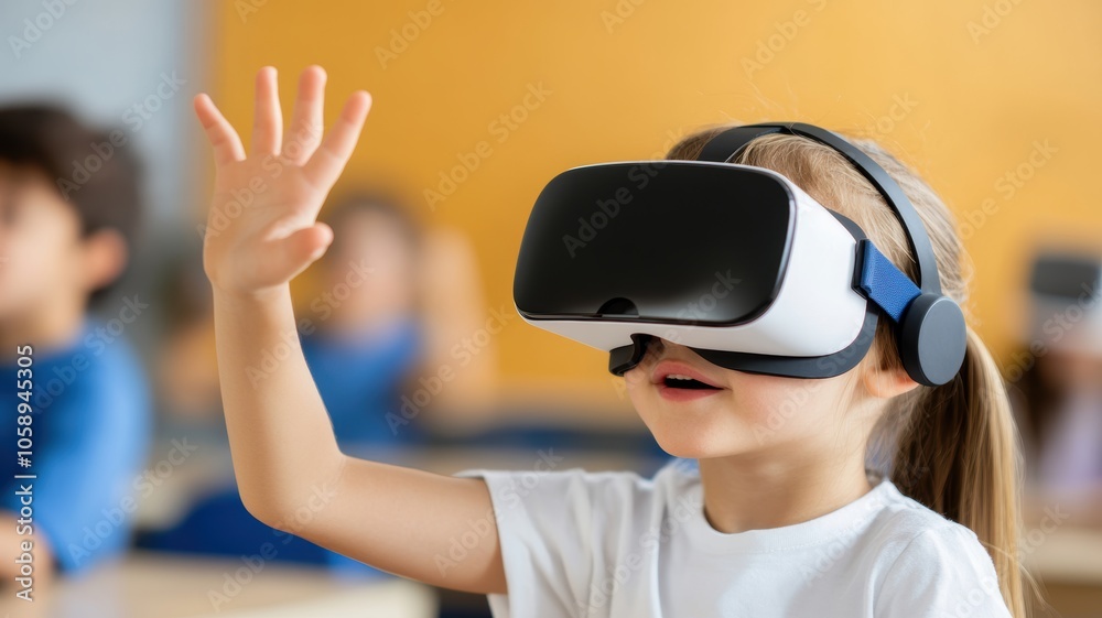 Girl using virtual reality headset in class Girl using virtual reality headset in class