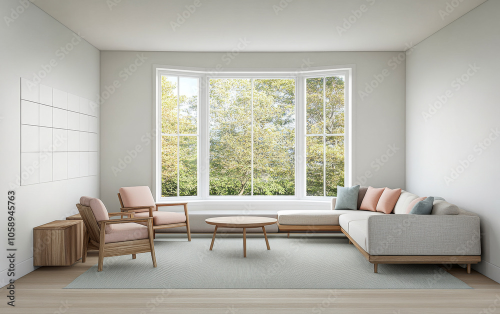 Fototapeta premium Modern living room featuring large windows, minimalist furniture, and natural light